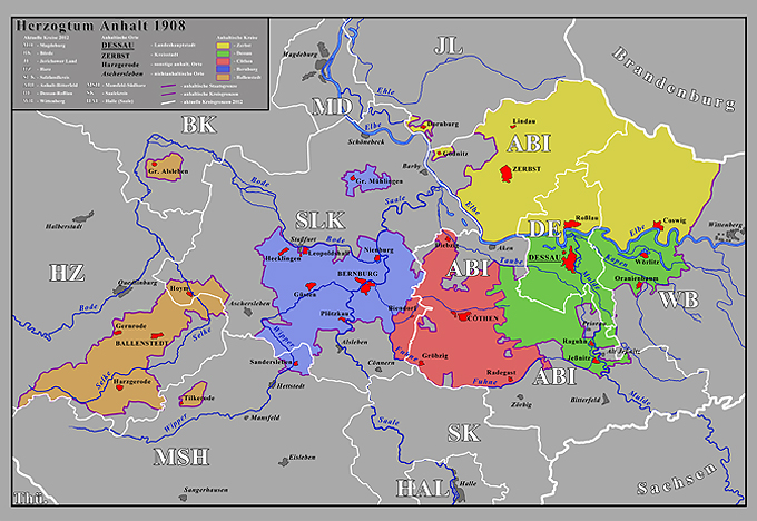 Pol.-admin. Karte Anhalt 1908 mit Kreiseinteilung 2012