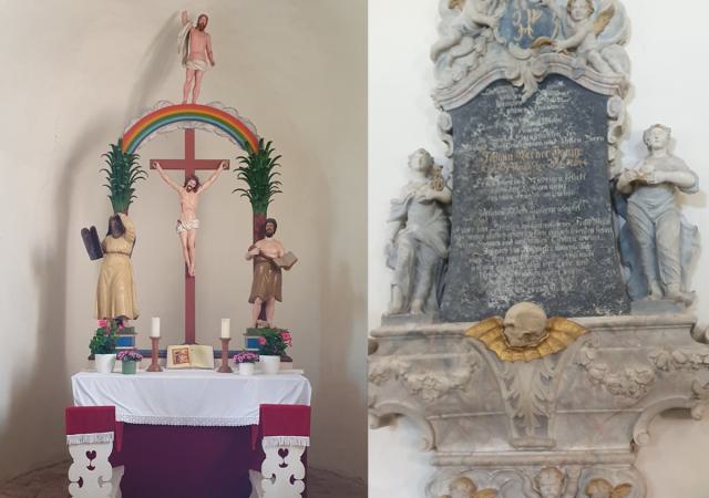 Der Altar der Dübener Dorfkirche (links) und das Epitaph des Gutsbesitzers Johann Werner Honig. 